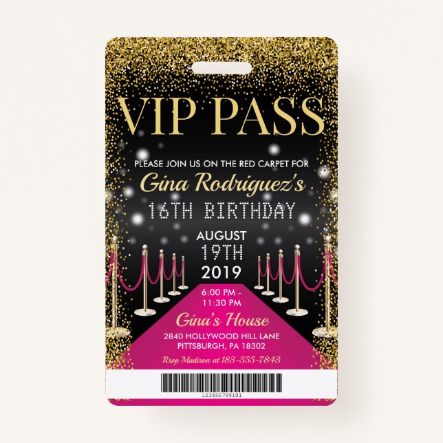 Crachá Pink VIP Pass Hollywood Red Carpet Birday (Frente)