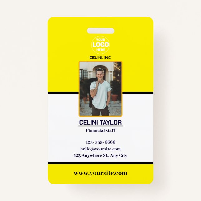 Crachá Placa de identificação amarela moderna com foto e  (Frente)