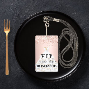 Crachá Poeira de glitter blush dourado rosa Quinceanera n