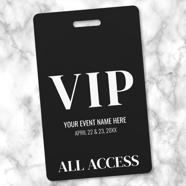 Crachá Preto Branco Simples Elegante Evento VIP (Modern Black White Event VIP Badge)