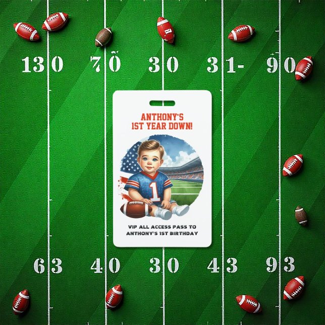Crachá Primeiro Ano de Abaixo VIP de Aniversário de Futeb (First Year Down Football Birthday VIP Pass Badge)