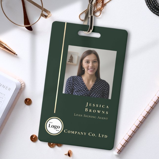 Crachá Professional Emerald Green Gold Photo Logo QR code (Professional Emerald Green Gold Photo Logo QR code Badge)