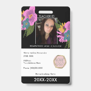 Crachá Professor Ensino Domiciliar Escola Mãe ID Floral