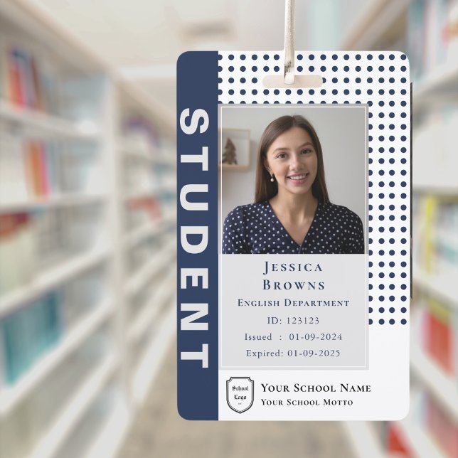 Crachá Professor Estudante Moderno Azul Foto Universidade (Modern Student Teacher Navy Blue Photo University Badge)