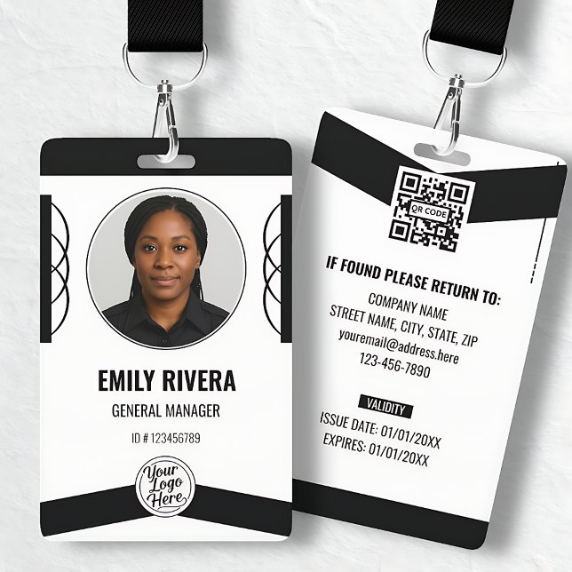 Crachá Profissional Preto e Branco Moderno para Fu (Modern Black White Professional Staff Photo ID Badge)