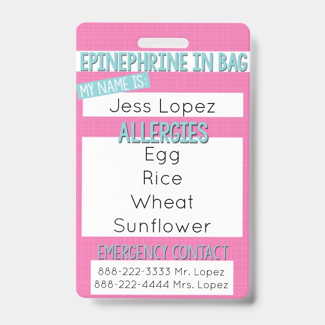Crachá Pulseira de Alerta Médico para Alergia Alimentar I (Frente)