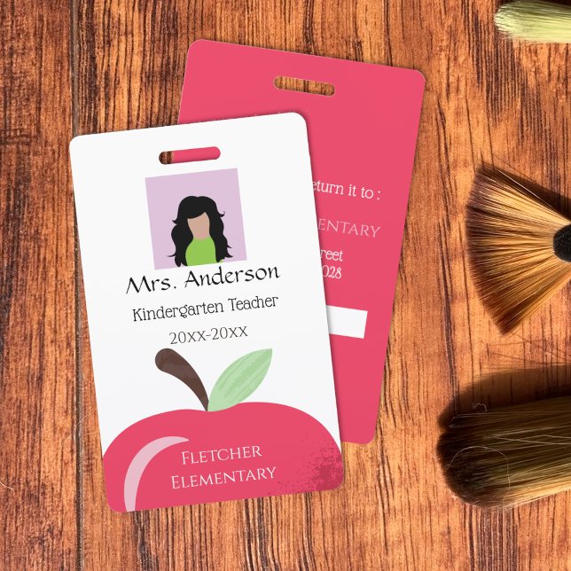 Crachá Pulseira de Identificação do Professor com Maçã Ve (Red Apple Teacher Vertical White Photo ID Badge .)