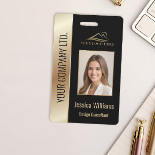 Crachá QR Code de ID de Funcionário com Logo Preto e Dour