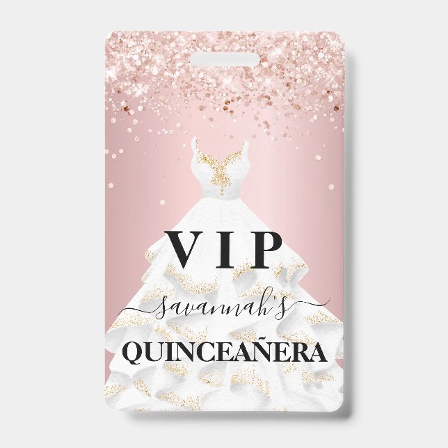 Crachá Quinceanera rubor rosa brilho poeira nome vip (Frente)