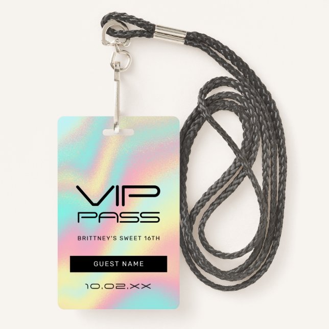 Crachá Rainbow Pastel Sweet 16th VIP Pass Lanyard (Frente com cordão)