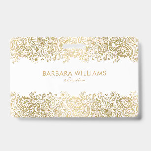 Crachá Rapariga Dourada No Lace De Paisley Floral Branco