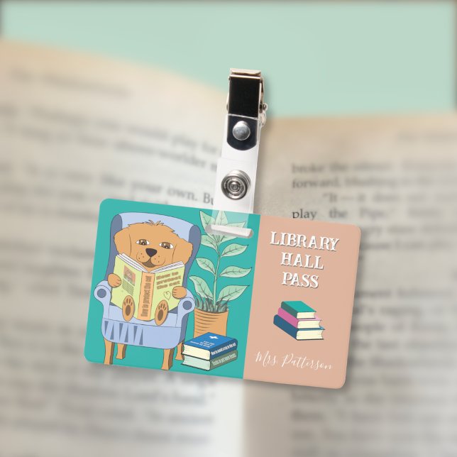 Crachá Reading Dog Horizontal Library Hall Pass Badge (Cartoon reading dog horizontal library hall pass badge .)