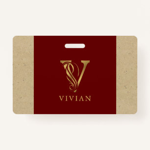 Crachá Rico Dourado - Letra V Monograma em Vermelho e Car