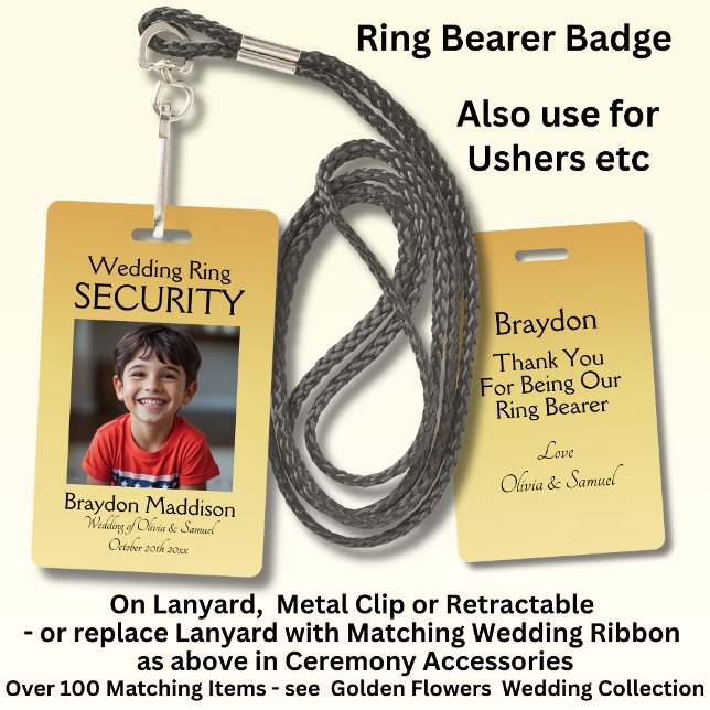 Crachá Ring Bearer Photo SECURITY Badge Golden Flowers (Criador carregado)