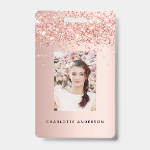 Crachá Rosa dourado glitter nome de foto de blush