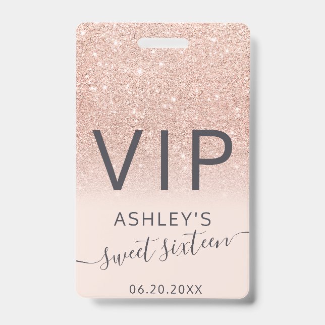 Crachá Rosa gold glitter ombre script blush Sweet 16 VIP (Frente)