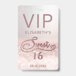 Crachá Rosa gold glitter ombre script Sweet 16 VIP