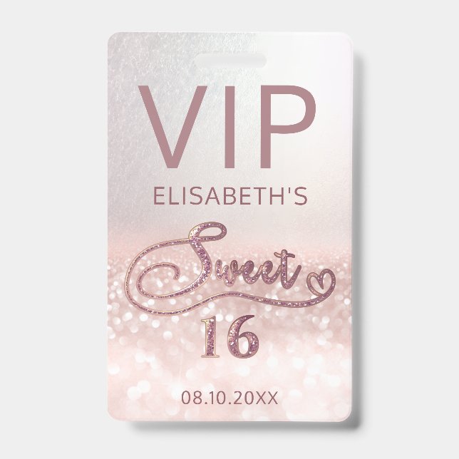 Crachá Rosa gold glitter ombre script Sweet 16 VIP (Frente)