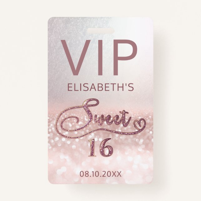 Crachá Rosa gold glitter ombre script Sweet 16 VIP (Frente)
