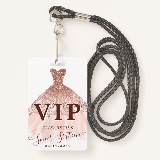 Crachá Rosa Rosa Rosa Rosa Dourada Vestido Leve Doce Doce (Frente com cordão)