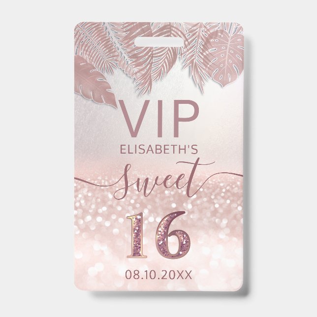 Crachá Rosa tropical dourado brilhante script Doce 16 VIP (Frente)