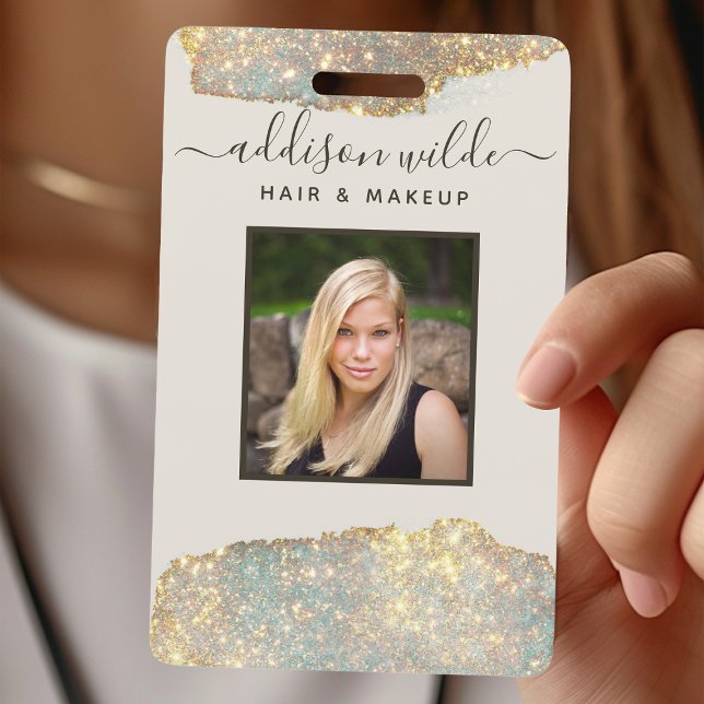 Crachá Rótulo de ID de Salão Glitter Chic com Assinatura  (Criador carregado)