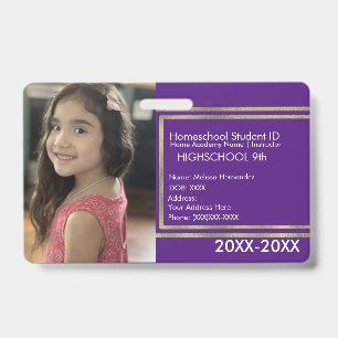 Crachá Roxo Dourado de ID Escolar de Ensino Domést