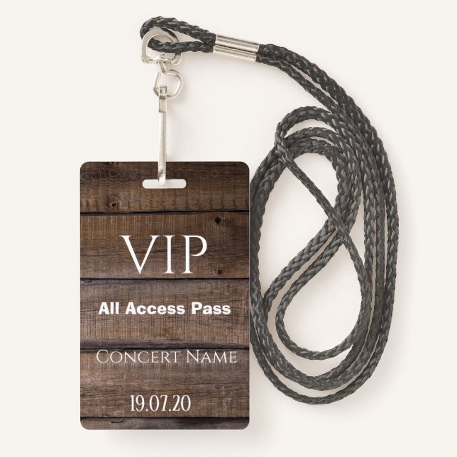 Crachá Rustic Wood VIP All Access Pass Concert (Frente com cordão)