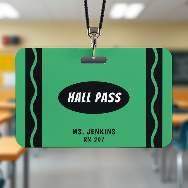 Crachá Sala de Aula do Professor de Crayon Verde (Green Crayon Teacher Student Classroom Hall Pass Badge
)