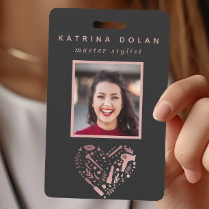 Crachá Salão Rosa Dourado Coração Foto Estilista de Cabel