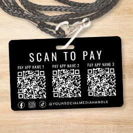 Crachá Scan to Pay 3 Payment QR Codes Social Media Black