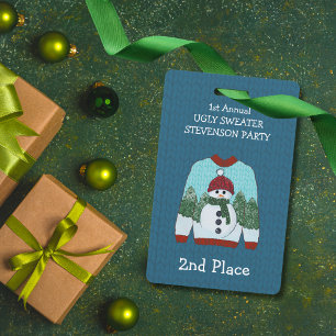 Crachá segundo Place Snowman Ugly Sweater Party Winner Cr