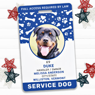 Crachá Service Dog Personalizado Blue Paw Imprime o ID de