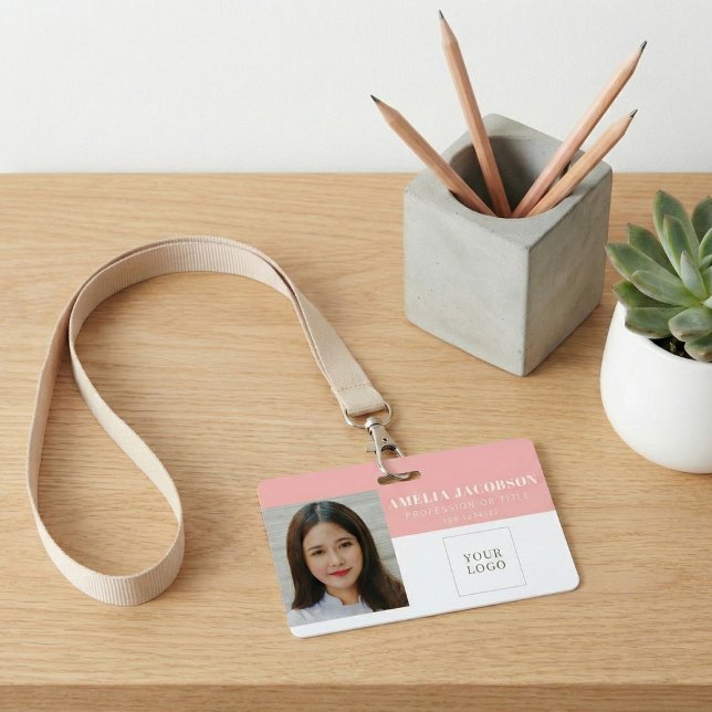 Crachá Simple Blush Pink Employee Photo ID Logo Barcode  (Criador carregado)