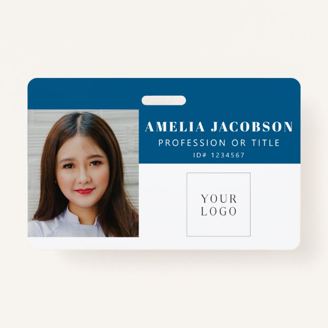Crachá Simple Bright Blue Employee Photo ID Logo Barcode  (Frente)