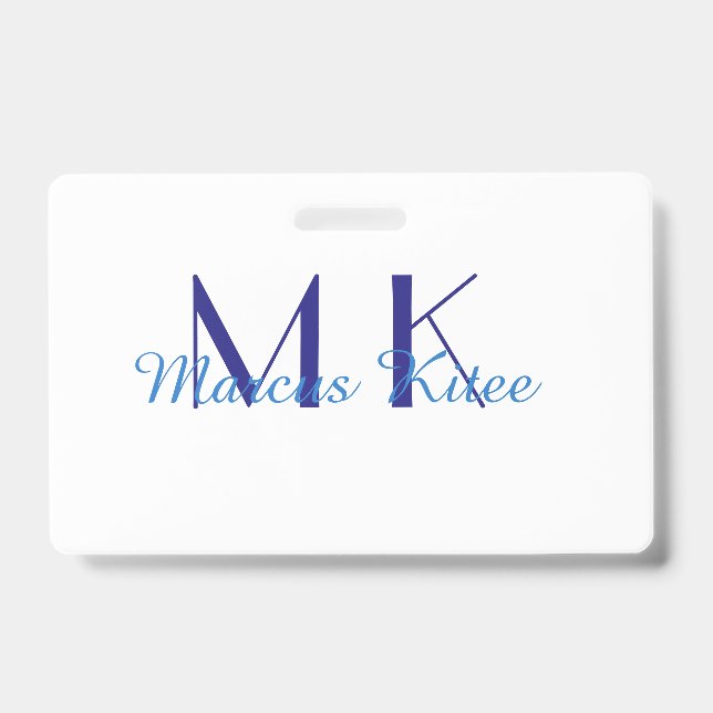 Crachá simple minimal monogram personalized name blue ret (Frente)