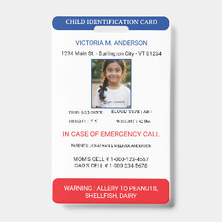 Crachá Simple Photo Identification Emergency Child ID