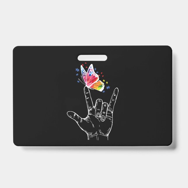 Crachá Sinal de Mão Eu Te Amo Borboleta Autismo (Frente)