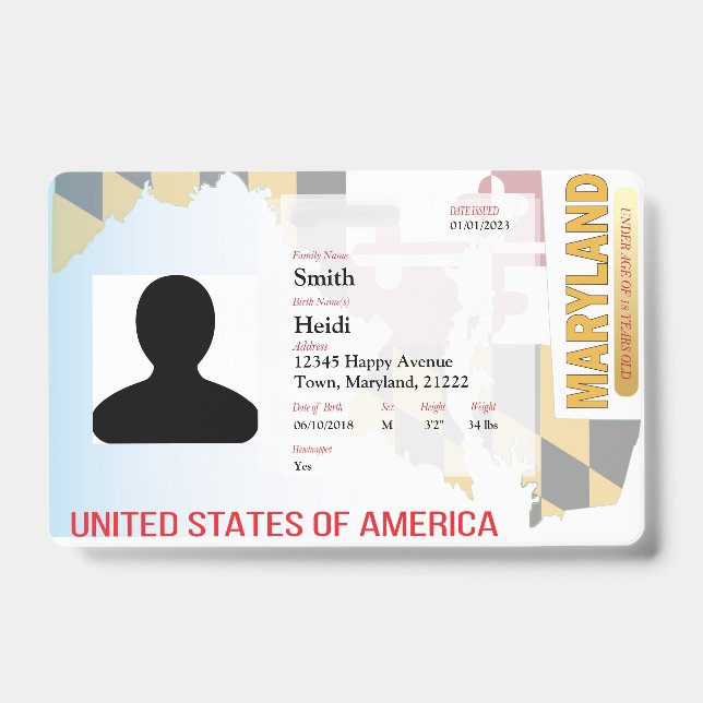 Crachá Sinalizador CREATIVE Child ID- Maryland (Frente)