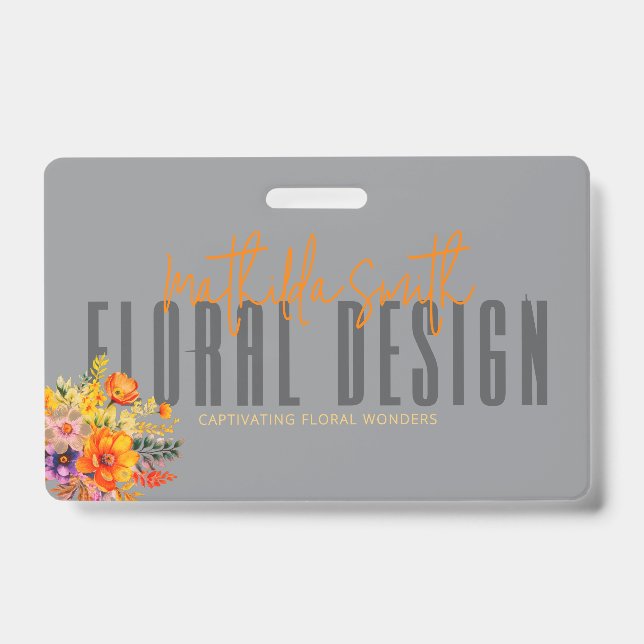 Crachá Sophisticated Floral Design Gray Orange Flowers  (Frente)