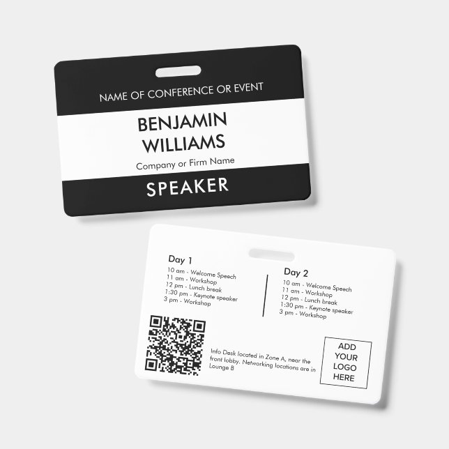 Crachá Speaker Name Badge QR Black White Logo ID Event (Frente e verso)