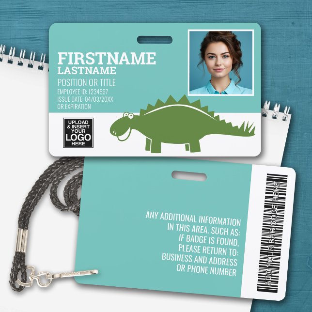 Crachá Stegasaurus Pediatra Day Care Foto do Funcionário (Personalized Name Badge with Photo and Company Logo)