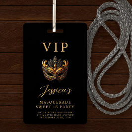 Crachá Sweet 16 Masquerade Black Gold VIP Invitation