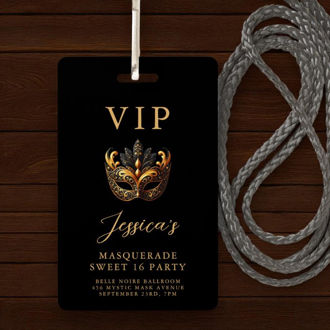 Crachá Sweet 16 Masquerade Black Gold VIP Invitation (Criador carregado)