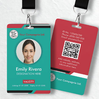 Crachá Teal & Red Business Access Card with Company Logo