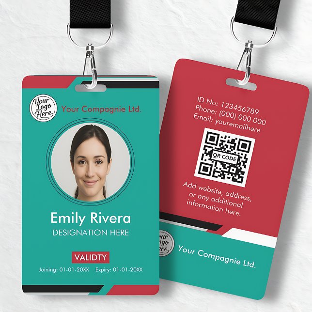 Crachá Teal & Red Business Access Card with Company Logo (Teal & Red Business Access Card with Company Logo Badge)
