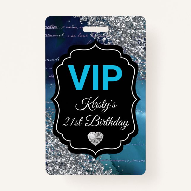 Crachá Teal Smermaid Letters Silver Glitter Birthday VIP (Frente)