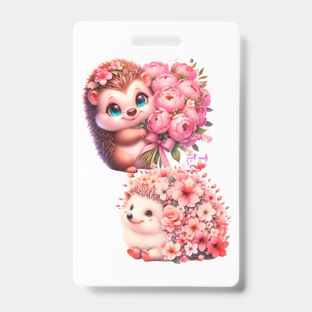 Crachá  Tow cuteRomantic Floral Hedgehog Duo Illustration (Frente)
