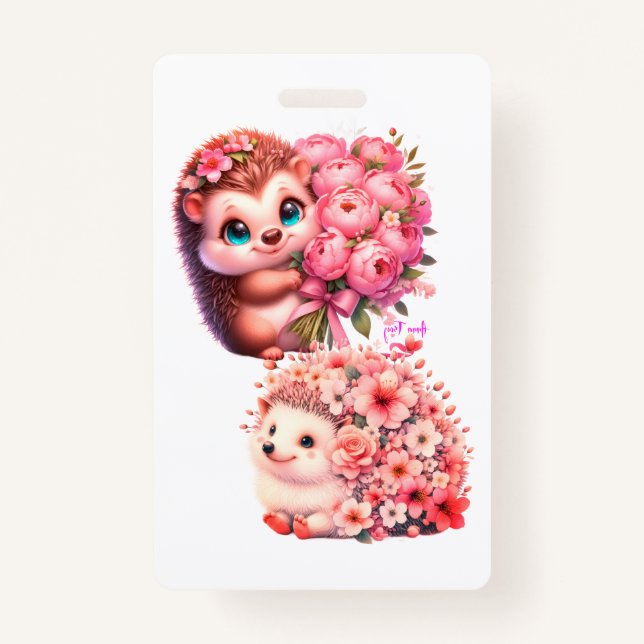 Crachá  Tow cuteRomantic Floral Hedgehog Duo Illustration (Frente)