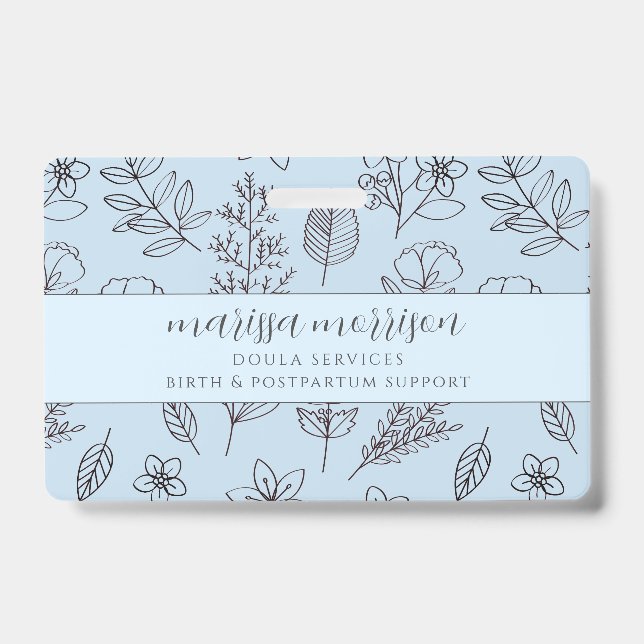 Crachá Traço Floral Branco Desenho Mão Azul Doula (Frente)